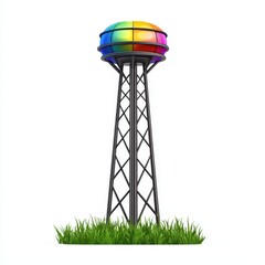 Rainbow Colored Water Tower on Green Grass
