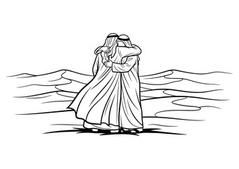 Two Arab Men Hugging in Desert Line Art Vector Illustration