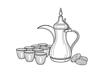 Arabic Coffee Pot with Traditional Cups and Dates in Line Art Vector