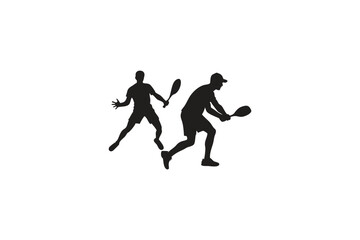 Two tennis players in mid swing a dramatic black silhouette