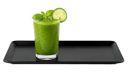 Fresh Green Vegetable Juice in Glass with Cucumber and Basil on Black Tray