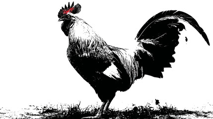 Black and white rooster with red comb stands on the ground, a stark graphic © Mangku