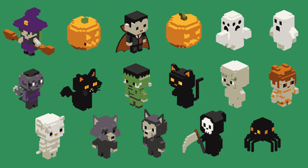 Obraz premium A charming collection of pixel art Halloween characters, featuring witches, vampires, ghosts, pumpkins, and various monsters, all on a vibrant green background.