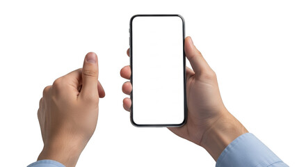 Person holding a smartphone touching the screen with finger for digital interaction