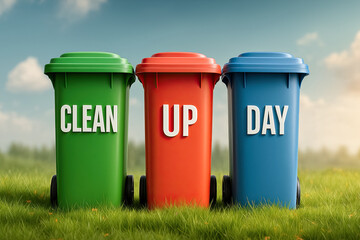 Colorful trash bins labeled for clean up day in a vibrant outdoor setting with green grass