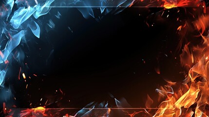 Fire and ice background design, with blue flames and red sparks on a black empty space, clear, focused, wide dynamic range, high-angle view, for bold creative expression.