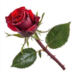 Single Dark Red Rose with Dew Drops on White Background