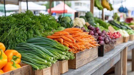 Vibrant Display of Fresh Vegetables at a Local Farmers Market in a Sunny Outdoor Setting