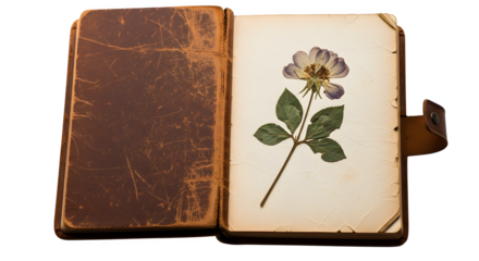 Open antique leather journal with a pressed flower isolated on transparent background
