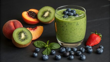 Healthy green smoothie with fresh fruits and berries on a dark background