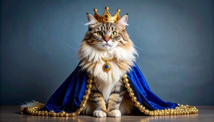 Fluffy cat in jeweled crown and royal cape on neutral background