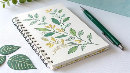 Creative notebook with floral botanical illustration and green pen on a white desk