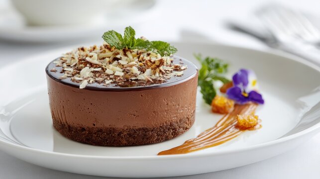 Decadent Chocolate Dessert Garnished with Mint and Edible Flowers on Elegant Plate