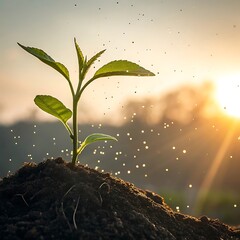Young green seedling growing from rich soil with water droplets and warm sunset light