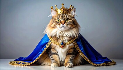 Fluffy cat in jeweled crown and royal cape on neutral background