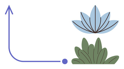 Blue upward arrow intersects with a blue lotus flower above green foliage. Ideal for growth, progress, success, nature, wellness, development, transformation. A simple flat metaphor