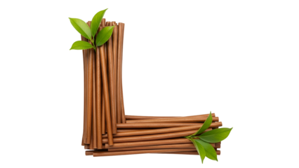 Natural Wooden Sticks Arranged in Corner with Green Leaves on Transparent Background