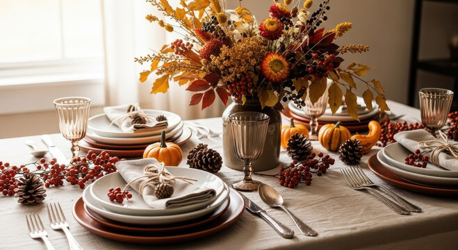 Beautiful autumn bouquet on the festive table. Stylish table setting for Thanksgiving Day, harvest .	 - Powered by Adobe