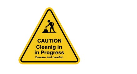 Yellow triangle caution sign warning "Cleaning in Progress" with pictogram