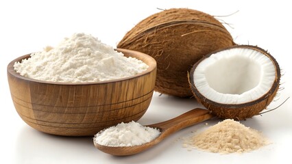 Whole coconut and a bowl of white coconut flour with a wooden spoon and pile of flakes