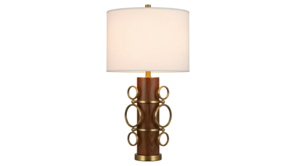 Elegant Table Lamp with White Shade and Gold Ring Accents on Wooden Base for Modern Interior Decor