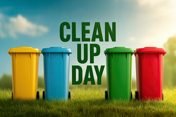 Colorful trash bins lined up for community clean-up day in a vibrant outdoor setting
