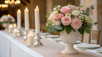 Elegant wedding reception table setting with floral centerpiece and tall candles