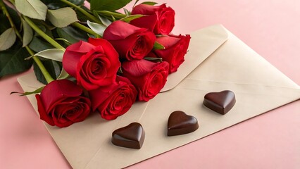 Red roses and heart shaped chocolates on a beige envelope with a pink background
