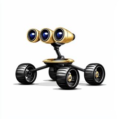 Stylized Golden Robot Rover with Binoculars on White Background
