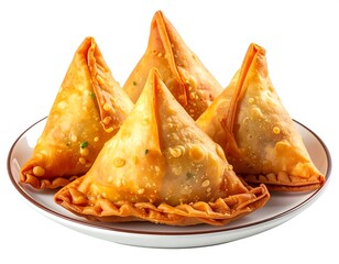 Golden, flaky, triangular pastries served on a white plate