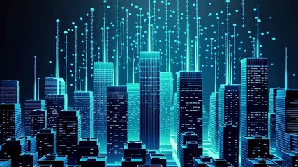 Futuristic city skyline neon glow digital cityscape buildings architecture urban technology network - Powered by Adobe