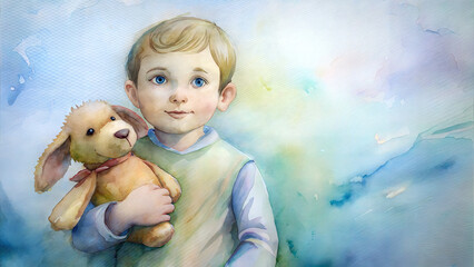 Sweet boy holding a stuffed bunny in a colorful illustration with a gentle smile