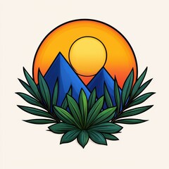 Stylized Mountain Sunset with Lush Green Foliage