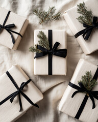 Minimalist Christmas Gift Wrapping with Black Ribbons and Pine Twigs