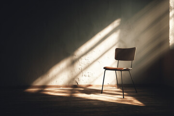 Simple chair in empty room with sunbeam lighting floor 