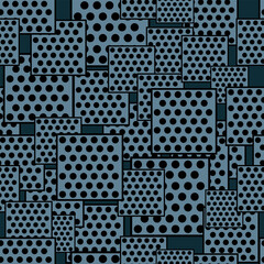 A seamless pattern with perforated plates of varying sizes and black dots on a dark blue background. Perfect for your print designs on fabrics, wallpaper, and interiors.