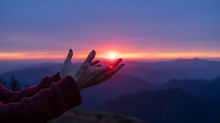 Extended Hands Reaching Toward Vibrant Sunset Over Layered Mountains