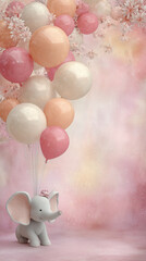 Cute baby elephant with pastel balloons on pink background