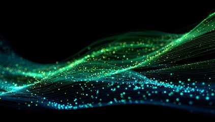 Fototapeta premium Abstract flowing digital data streams with glowing particles and light trails on a dark background isolated on transparent background