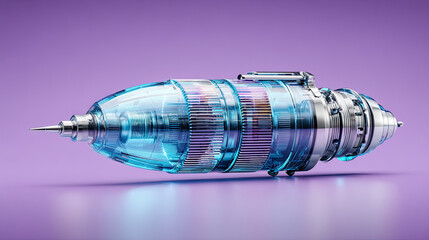 Futuristic transparent rocket engine design with metallic accents on a vibrant purple background