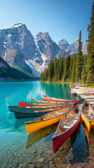 Colorful canoes on Moraine Lake, Banff National Park, Canada