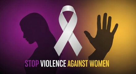 International Day for the Elimination of Violence against Women, November 25. Symbolic awareness banner with white ribbon, silhouette of woman, and stop hand gesture