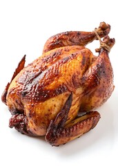 Deliciously roasted whole chicken with crispy golden brown skin on a white background