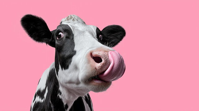 Funny cow licking its nose on pink background