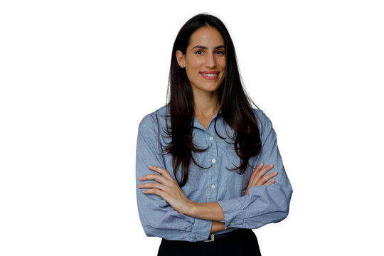 Confident businesswoman smiling with arms crossed, portraying professionalism and leadership, transparent background