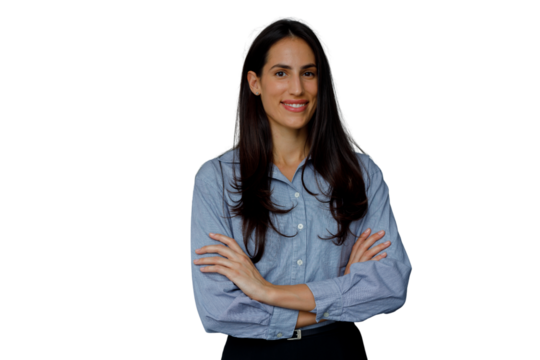 Confident businesswoman smiling with arms crossed, portraying professionalism and leadership, transparent background