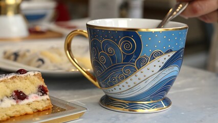 Close up of a decorative blue mug with gold accents and a spoon stirring a beverage next to a slice of cake