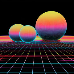Abstract gradient spheres floating over grid floor, 80s synthwave colors