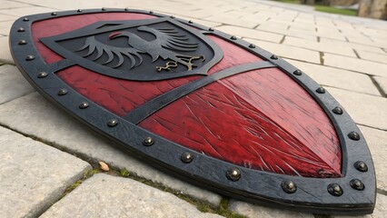 Ornate medieval shield with lion emblem and red wood texture on cobblestone ground