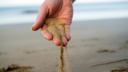 Hand Holding Sand as It Falls on Beach with Ocean Waves in Background